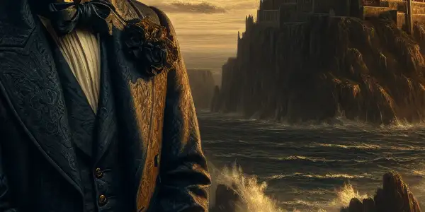 Edmond Dantès stands on a rocky cliff at sunset, overlooking the sea, with storm clouds and a distant castle.