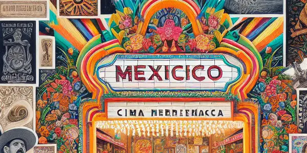 A vibrant collage showcasing iconic scenes and elements from classic and modern Mexican cinema.