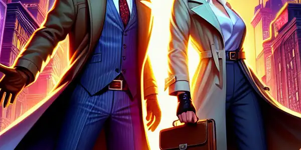 A dynamic urban scene featuring detective Saeba Ryo and partner Kaori Makimura amidst neon lights and bustling streets.<a href=