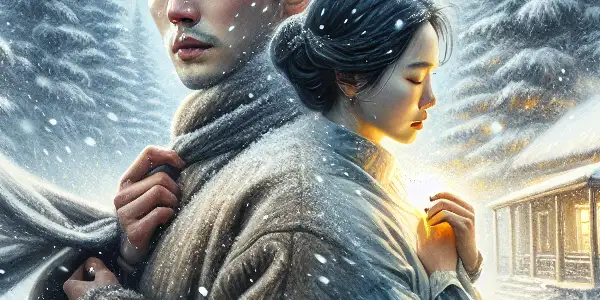 A man and woman share an intimate moment in a snowy Finnish landscape, surrounded by falling snowflakes and a cozy cottage.