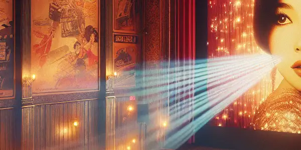 A vintage film screening room featuring a renowned actress, nostalgic ambiance, classic film reel, and cozy movie night elements.