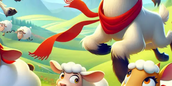 Pleasant Goat and Big Big Wolf chase scene in a vibrant Sheep Village with colorful characters and a playful atmosphere.