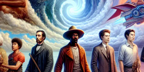 A vibrant scene featuring diverse characters from different eras, interconnected by a surreal landscape and themes of human resilience.