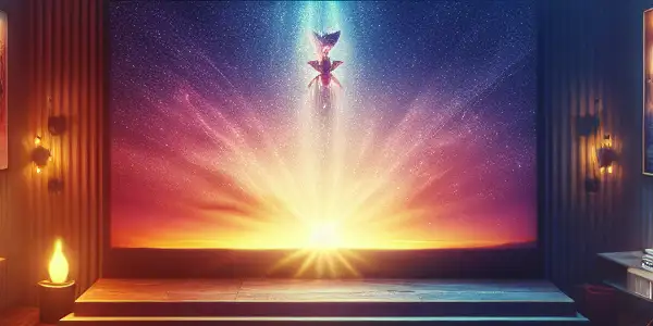 Cozy living room with a large TV, plush couches, popcorn, and a starry night view, perfect for movie watching.