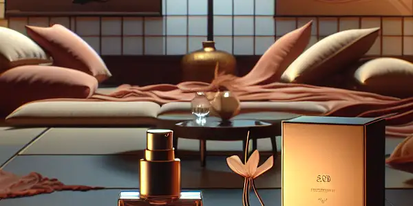 A serene Japanese-style living room featuring delay performance products, soft lighting, and an abstract romantic cinema display.