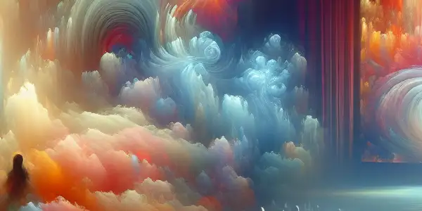 A surreal scene depicting viewers immersed in vibrant colors and abstract forms, centered around a vintage screen.