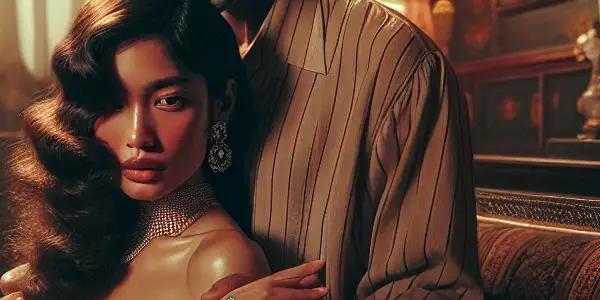 A glamorous vintage film set featuring an intimate couple, adorned with diamond motifs and romantic decor.