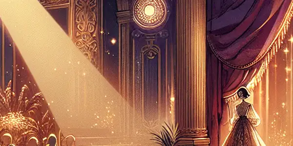 Glamorous adult film stars in a luxurious, softly-lit room with elegant decor and cinematic elements.