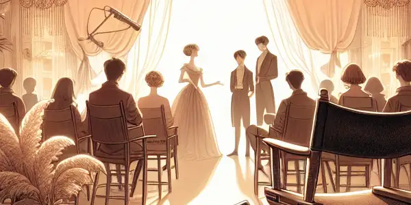 An intimate film studio scene with a director's chair, elegant props, and silhouettes of performers rehearsing.